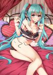  ass bangs bare_shoulders bed bed_sheet black_bra black_panties blue_eyes blue_hair blue_nails blush bodypaint bra breasts cleavage collarbone crop_top curtains eyebrows_visible_through_hair foreshortening hair_ornament hair_scrunchie hairclip hatsune_miku heart heart-shaped_pupils heart_pillow long_hair looking_at_viewer lying medium_breasts nail_polish number off_shoulder on_bed on_side panties pillow polka_dot pulled_by_self scrunchie side-tie_panties solo strap_pull striped_pillow symbol-shaped_pupils tareme thighs twintails underwear untied untied_panties very_long_hair vocaloid wrist_cuffs yuxian_youka 
