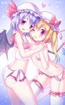  2girls :d artist_name ass bandaid bandaids_on_nipples bangs baozishark bare_arms bare_shoulders bat_wings blonde_hair blush bow bow_legwear breasts camisole collarbone cowboy_shot crystal dated eyebrows_visible_through_hair fang flandre_scarlet frilled_legwear frills from_side garter_straps hair_between_eyes hands_together hands_up hat hat_bow heart highres holding_hands index_finger_raised interlocked_fingers lavender_hair leg_up looking_at_viewer mob_cap multiple_girls one_eye_closed open_mouth panties pasties pink_bow pointy_ears red_eyes remilia_scarlet short_hair siblings side_ponytail sisters small_breasts smile spaghetti_strap spread_wings standing standing_on_one_leg thighhighs topless touhou underwear underwear_only white_hat white_legwear white_panties wings 