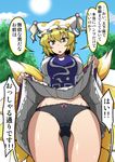  ass_visible_through_thighs black_panties blonde_hair blue_sky bow bow_panties commentary_request cowboy_shot day dress dress_lift eyebrows_visible_through_hair foreshortening fox_tail frilled_dress frills from_below hair_between_eyes hat lifted_by_self long_sleeves looking_at_viewer midori_niku multiple_tails outdoors panties parted_lips pillow_hat pink_bow shiny shiny_skin short_hair sky solo sun tabard tail thighs touhou translated tsurime underwear white_dress wide_sleeves yakumo_ran yellow_eyes 