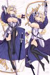  arm_behind_head armor armored_dress black_legwear blonde_hair blue_eyes breasts breasts_outside capelet chain dakimakura fate/grand_order fate_(series) flag flagpole gauntlets hair_ribbon hand_to_own_mouth highres jeanne_d'arc_(fate) jeanne_d'arc_(fate)_(all) large_breasts light_blush long_hair looking_at_viewer lying multiple_views neps-l nipples on_back pussy ribbon scabbard sheath sheathed sword thighhighs very_long_hair weapon 