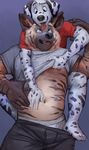  2017 anthro belly belly_rub black_fur blue_eyes brown_fur canine clothing dalmatian dog duo fur green_eyes hyena male mammal navel shirt_pull smile striped_hyena stripes stripy_yeen tacklebox teeth tongue tongue_out underwear white_fur 