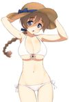  armpits arms_up ass_visible_through_thighs bikini blue_eyes bow braid breasts brown_hair cleavage collarbone cowboy_shot eyebrows_visible_through_hair front-tie_bikini front-tie_top hairband halterneck hands_on_headwear hat hat_bow hatakenaka_(kamagabuchi) highres large_breasts long_hair lynette_bishop navel open_mouth side-tie_bikini simple_background single_braid skindentation solo straw_hat strike_witches sun_hat swimsuit tareme thick_eyebrows underboob white_background white_bikini world_witches_series 