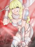  ;q axe blonde_hair blue_eyes boots bracer breasts charlotte_(fire_emblem_if) cleavage commentary_request fire_emblem fire_emblem_if highres holding holding_axe holding_weapon large_breasts leaning_forward long_hair looking_to_the_side midriff one_eye_closed over_shoulder pauldrons red_background sakiyomi_no_nana smile solo tongue tongue_out wavy_hair weapon weapon_over_shoulder 