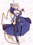  arm_behind_head armor armored_dress black_legwear blonde_hair blue_eyes breasts breasts_outside capelet chain dakimakura fate/apocrypha fate_(series) flag flagpole full_body gauntlets hair_ribbon hand_to_own_mouth highres jeanne_d'arc_(fate) jeanne_d'arc_(fate)_(all) large_breasts light_blush long_hair looking_at_viewer lying neps-l nipples on_back pussy ribbon scabbard sheath sheathed solo sword thighhighs very_long_hair weapon 