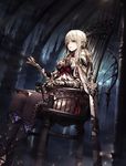  absurdres armor armored_dress boots braid breasts cleavage hair_between_eyes highres jewelry large_breasts long_hair open_mouth sitting solo sword wanke weapon 