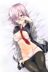  arino_hiroshi between_breasts black_legwear breasts fate/grand_order fate_(series) glasses hair_over_one_eye lying mash_kyrielight medium_breasts navel necktie nipples open_mouth panties pantyhose purple_eyes purple_hair underwear undressing 