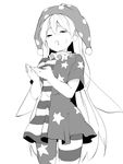  american_flag_dress american_flag_legwear clownpiece commentary_request cowboy_shot cupping_hands dress fairy_wings greyscale half-closed_eyes hasebe_yuusaku hat jester_cap long_hair monochrome neck_ruff pantyhose polka_dot saliva sexually_suggestive short_dress short_sleeves simple_background solo standing star star_print striped striped_dress tears touhou very_long_hair white_background wings 