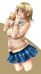  bad_id bad_pixiv_id bangs belly blush bow breast_squeeze breasts brown_eyes brown_hair eating emanonta food food_on_face glutton hair_ornament hamburger idolmaster idolmaster_cinderella_girls large_breasts long_sleeves looking_back messy mimura_kanako open_mouth plump school_uniform short_hair simple_background skirt 