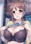  :d black_bra blush bra breasts brown_eyes brown_hair cleavage commentary_request hair_bun large_breasts lifted_by_self looking_at_viewer open_mouth sakura_quest shimazu_tekkou shinomiya_shiori shirt_lift sketch smile solo underwear 