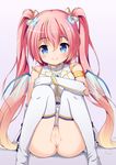  angelic_buster ass blonde_hair blue_eyes bow gloves gradient_hair hair_bow lavender_background long_hair looking_at_viewer maplestory multicolored_hair nekono_rin pink_hair pussy simple_background sitting smile solo thighhighs uncensored white_background white_gloves wings 