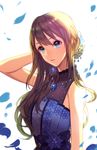  blue_dress brown_hair commentary_request dress earrings eternal_bloom_(idolmaster) green_eyes highres idolmaster idolmaster_cinderella_girls idolmaster_cinderella_girls_starlight_stage jewelry korean_commentary long_hair necklace petals shibuya_rin solo white_background zzebra 