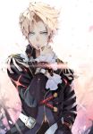  1boy arm_belt blonde_hair blood blood_from_mouth blue_eyes coat earrings glint hand_in_pocket hand_up highres hoshizaki_reita jewelry long_sleeves looking_at_viewer male_focus original parted_lips petals pointy_ears signature solo vest wiping 