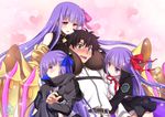  3girls arm_hug bb_(fate)_(all) bb_(fate/extra_ccc) belt between_breasts black_coat black_shirt black_skirt blue_eyes blue_ribbon blush breasts brown_hair claws commentary_request fate/extra fate/extra_ccc fate/grand_order fate_(series) fujimaru_ritsuka_(male) gauntlets green_eyes hair_ornament hair_ribbon harem head_between_breasts huge_breasts jacket large_breasts long_hair long_sleeves meltlilith mori_marimo multiple_girls multiple_persona passion_lip pink_eyes pink_ribbon purple_eyes purple_hair red_ribbon ribbon shirt short_hair skirt sleeveless sleeveless_shirt sleeves_past_wrists white_jacket white_shirt 