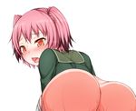  ass bent_over blush colored_tips commentary haty kantai_collection kunashiri_(kantai_collection) looking_back orange_eyes panties panty_pull pantyhose pantyhose_pull pink_hair pun sailor_collar simple_background solo sweat two_side_up underwear white_background 