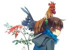  ahoge artist_name bangs bird blue_scarf branch chicken dated fringe_trim from_side glasses hair_ornament hair_scrunchie hooded_coat kusakabe_(kusakabeworks) on_shoulder original plaid plaid_scarf ponytail red-framed_eyewear rooster scarf scrunchie sidelocks signature solo upper_body 