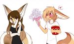  2017 anthro avian big_ears bird blush breasts brown_eyes brown_hair canine chicken clothed clothing dialogue duo eyebrows eyelashes eyeshadow female fennec flower fox fully_clothed hair kfc long_hair makeup male mammal plant standing sweat taykoe 