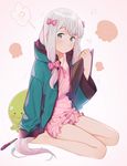  ?? arm_at_side bangs bare_legs barefoot blush bow eromanga_sensei eventh7 eyebrows_visible_through_hair frills full_body fume green_jacket hair_bow highres holding hood hood_down hooded_jacket izumi_sagiri jacket long_hair long_sleeves looking_at_viewer low-tied_long_hair open_clothes open_jacket pajamas pink_background pink_bow silver_hair simple_background sitting sleeves_past_wrists solo stuffed_animal stuffed_octopus stuffed_toy stylus tablet tareme very_long_hair yokozuwari 