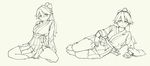  arms_behind_back bow eyebrows_visible_through_hair hair_between_eyes hair_bow hakama_skirt high_ponytail highres houshou_(kantai_collection) japanese_clothes kantai_collection long_hair looking_at_viewer lying monochrome multiple_views on_side pas_(paxiti) reclining sandals sketch 