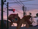  2017 cloud cutie_mark equestria_girls equine female feral green_eyes hair horn looking_at_viewer mammal mirroredsea multicolored_hair my_little_pony outside sky solo sunset_shimmer_(eg) traffic_light two_tone_hair unicorn utility_pole wire 
