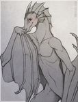  anthro blush dragon drpickelle fin greyscale horn looking_at_viewer male monochrome nude shy smile solo winged_arms wings wyvern 