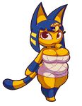  animal_crossing ankha big_breasts blue_hair breasts egyptian eyelashes feline female fur hair looking_at_viewer mammal nintendo slightly_chubby solo teckworks video_games wrappings yellow_fur 