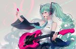  39 artist_name bracelet dadachyo detached_sleeves electric_guitar green_eyes green_hair guitar hatsune_miku headset instrument jewelry long_hair md5_mismatch nail_polish necktie open_mouth plectrum solo twintails very_long_hair vocaloid 