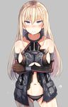  ass_visible_through_thighs bismarck_(kantai_collection) black_panties blue_eyes blush breasts brown_gloves collar collarbone cowboy_shot detached_sleeves embarrassed gloves grey_background hair_between_eyes highres jacket kantai_collection large_breasts long_hair looking_at_viewer navel nose_blush open_clothes open_jacket panties plan_(planhaplalan) sideboob simple_background solo torn_clothes underboob_cutout underwear wet 