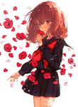  anemone_(flower) bangs black_serafuku black_skirt blush brown_eyes brown_hair commentary cowboy_shot crying crying_with_eyes_open eyebrows_visible_through_hair flower gauze hand_up holding holding_flower long_sleeves neckerchief original petals pleated_skirt red_flower red_neckwear school_uniform serafuku skirt solo tears yasiromann 