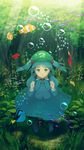  absurdres air_bubble backpack bag blue_eyes blue_hair bubble clownfish commentary fish gomibukurokarasu hair_bobbles hair_ornament hat highres kawashiro_nitori key pocket submerged touhou twintails two_side_up underwater 