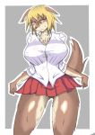  absurd_res anthro blonde_hair blush breasts brown_fur butt camel_toe canine chest_tuft clothed clothing clothing_lift female fluffy fluffy_tail front_view fur hair hi_res looking_aside looking_away mammal miniskirt nipple_bulge panty_peek red_eyes skirt skirt_lift standing toycoo6 tuft underwear 