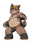  4_fingers anthro briefs brown_fur bulge canine clothing cub dog fingerless_gloves footwear fur gloves male mammal mask navel nipples orange_eyes overweight overweight_male shoes slightly_chubby solo standing teeth underwear wolfsoul young 