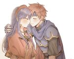  1girl blue_cape blue_hair blush cape capelet closed_eyes closed_mouth couple dress face-to-face fire_emblem fire_emblem:_fuuin_no_tsurugi hair_lift hat headband headgear hetero imminent_kiss leaning_forward lilina long_hair pauldrons profile red_hair roy_(fire_emblem) short_hair short_sleeves simple_background upper_body white_background wspread 