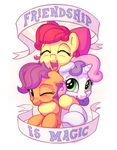  2017 apple_bloom_(mlp) blush bobdude0 cub cutie_mark_crusaders_(mlp) earth_pony english_text equine eyes_closed female feral friendship_is_magic group hair hair_bow hair_ribbon hi_res horn horse mammal multicolored_hair my_little_pony one_eye_closed open_mouth pink_hair pony purple_hair ribbons scootaloo_(mlp) simple_background smile sweetie_belle_(mlp) text two_tone_hair unicorn white_background young 
