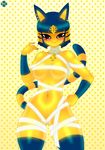  2017 animal_crossing ankh ankha anthro black_eyes breasts cat colored_nails dotted_background egyptian feline female hair hi_res jewelry looking_at_viewer mammal multicolored_hair navel necklace nintendo pattern_background razplus short_hair simple_background smile solo two_tone_hair video_games wraps 