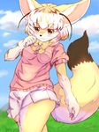  5_fingers alternate_species anthro bangs big_ears black_nose blonde_hair blue_sky blush bow_tie breasts brown_fur brown_tail butt canine clothing cloud countershade_face countershading crossed_legs daiha day detailed_background digital_media_(artwork) elbow_tufts female fennec fennec_fox_(kemono_friends) fox fur furrification gloves_(marking) grass hair hair_between_eyes hand_to_face inner_ear_fluff kemono kemono_friends looking_away mammal markings miniskirt mouth_closed multicolored_hair orange_eyes outside pawpads pink_pawpads pink_shirt pleated_skirt portrait raised_eyebrows raised_tail shirt short_sleeves signature skirt sky small_breasts smile solo thick_tail three-quarter_portrait tuft undershirt walking white_countershading white_fur white_hair white_shirt white_skirt white_tail yellow_fur yellow_tail 