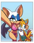 anthro bat big_breasts bikini blue_eyes breast_squish breasts canine chauvels cleavage clothed clothing eyelashes fangs female fox fur green_eyes larger_female male mammal miles_prower multi_tail one_eye_closed open_mouth open_smile orange_fur rouge_the_bat selfie size_difference smaller_male smile sonic_(series) swimsuit wings 