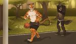  anthro basketball canine clothed clothing duo feline male mammal muscular outside smile standing tiger topless v-i 