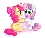  &lt;3 apple_bloom_(mlp) blush bobdude0 celebi-yoshi collaboration cub duo earth_pony equine eye_contact female feral friendship_is_magic green_eyes hair hair_bow hair_ribbon hi_res horn horse mammal multicolored_hair my_little_pony open_mouth open_smile pink_hair pony purple_hair ribbons simple_background smile sweetie_belle_(mlp) two_tone_hair unicorn white_background young 