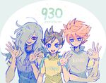  3boys blue_eyes brown_hair grey_eyes grey_hair hair_over_one_eye haizaki_ryouhei inamori_asuto inazuma_eleven_(series) inazuma_eleven_ares_no_tenbin long_hair multicolored_eyes multiple_boys nosaka_yuuma pink_hair soccer_uniform 