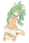  animal_ears animal_print blade_(galaxist) blush cham_cham covered_navel fang full_body green_eyes green_hair hands_up knees_together_feet_apart long_hair looking_at_viewer messy_hair navel open_mouth panties paw_pose paws samurai_spirits simple_background snk solo tail tiger_ears tiger_print tiger_tail underwear white_background white_panties 