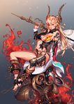  armor artist_name bare_shoulders barefoot blonde_hair breasts chair cleavage collar cuffs double_bun full_body highres large_breasts long_hair looking_at_viewer midriff nail_polish over_shoulder pink_nails red_eyes red_legwear sitting solo sword weapon woo_kim 