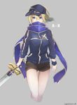 absurdres ahoge artoria_pendragon_(all) bare_legs baseball_cap blonde_hair blue_eyes blue_jacket commentary_request fate/grand_order fate_(series) grey_background hat highres holding holding_sword holding_weapon jacket kogeta_kaori looking_at_viewer mysterious_heroine_x scarf shorts solo sword track_jacket twitter_username weapon 
