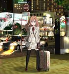  bag black_legwear blazer blue_eyes blush building car city ground_vehicle handbag highres jacket long_hair long_sleeves looking_at_viewer luggage motor_vehicle night original outdoors plant ragho_no_erika revision smile solo standing suitcase thighhighs tree v zettai_ryouiki 