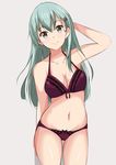  aqua_hair arm_behind_head bare_arms bare_shoulders bra breasts collarbone hair_ornament hairclip highres kantai_collection long_hair looking_at_viewer medium_breasts navel nemo_1988 panties solo suzuya_(kantai_collection) thighs underwear underwear_only 