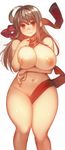 ahoge blush breast_hold breast_suppress breasts fangs huge_breasts long_hair luco_san naked_scarf navel nipples red_eyes red_scarf scarf silver_hair simple_background solo vampire white_background 