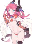  areola_slip areolae armor bikini bikini_armor black_legwear blade_(galaxist) blue_eyes blue_ribbon blush breasts cape choker commentary_request curled_horns dragon_tail elizabeth_bathory_(brave)_(fate) elizabeth_bathory_(fate)_(all) fate/grand_order fate_(series) finger_to_mouth gauntlets hair_ribbon heart heart-shaped_pupils horns long_hair looking_at_viewer loose_bikini navel pauldrons pink_hair pointy_ears red_armor red_bikini ribbon silver_trim simple_background small_breasts solo standing string_bikini swimsuit symbol-shaped_pupils tail thighhighs tiara two_side_up white_background white_cape 