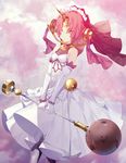  bare_shoulders blue_eyes cloud cloudy_sky commentary dress elbow_gloves fate/apocrypha fate_(series) frankenstein's_monster_(fate) gloves hair_ornament headgear highres holding holding_weapon horn lightning mace pink_hair ronopu short_hair sky veil weapon white_dress 