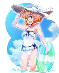  ahoge blue_sky breasts cloud collarbone commentary curly_hair freckles frilled_swimsuit frills green_eyes hat iesupa innertube one-piece_swimsuit open_mouth orange_hair penny_polendina ribbon rwby sky small_breasts smile solo straw_hat swimsuit thighs transparent wading water white_swimsuit wrist_ribbon 