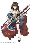  absurdres blue_eyes breasts brown_hair character_request cleavage corset dmm garters highres instrument large_breasts legs lifted_by_self off_shoulder piano_keys shirt shoes side_slit skirt skirt_lift solo sword weapon yone_(qtron) 