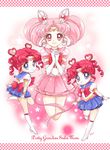  bishoujo_senshi_sailor_moon blue_skirt boots bow chibi_chibi chibi_usa choker circlet closed_mouth copyright_name double_bun drill_hair dual_persona elbow_gloves gloves hair_ornament hairpin hands_clasped knee_boots layered_skirt looking_at_viewer magical_girl multiple_girls own_hands_together pink_bow pink_choker pink_hair pink_sailor_collar pink_skirt pleated_skirt red_bow red_eyes red_hair sailor_chibi_chibi sailor_chibi_moon sailor_collar sailor_senshi_uniform sarashina_kau short_hair skirt smile super_sailor_chibi_moon_(stars) twin_drills twintails white_footwear white_gloves 